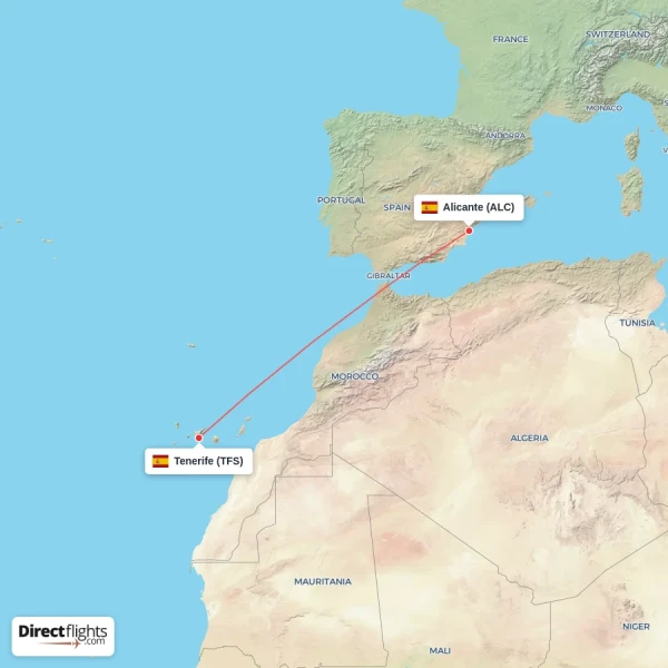 Tenerife - Alicante direct flight map