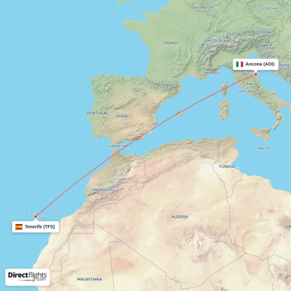 Tenerife - Ancona direct flight map
