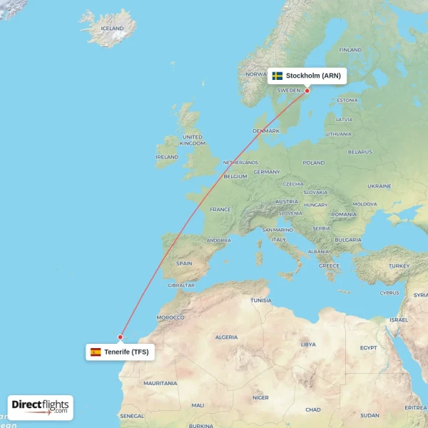 Tenerife - Stockholm direct flight map