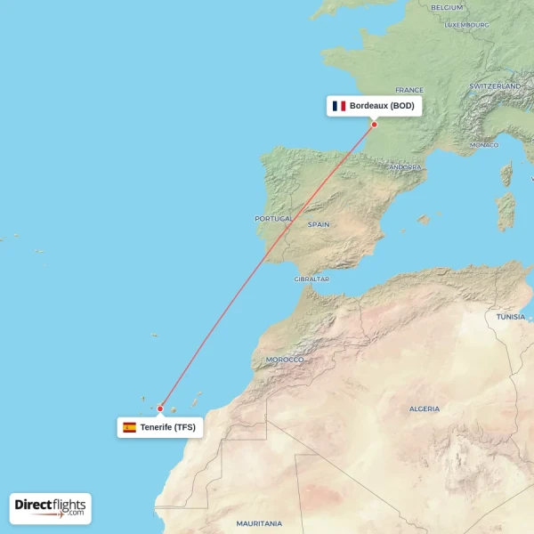 Tenerife - Bordeaux direct flight map