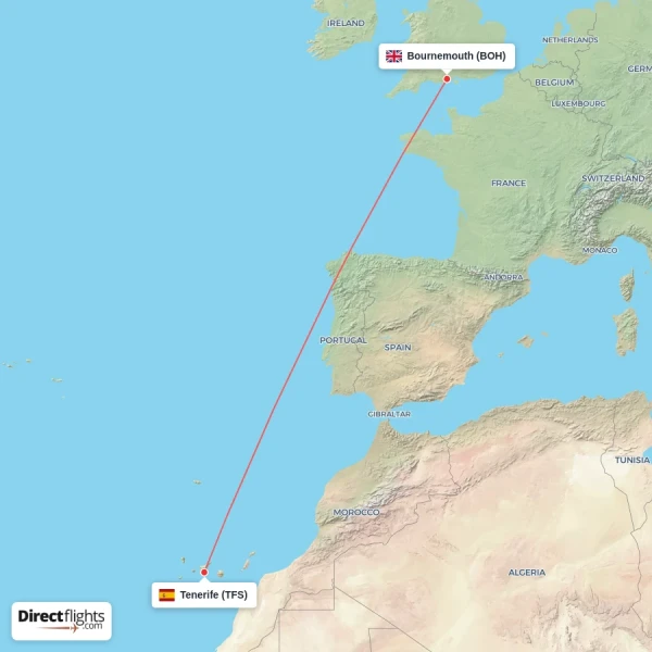 Tenerife - Bournemouth direct flight map