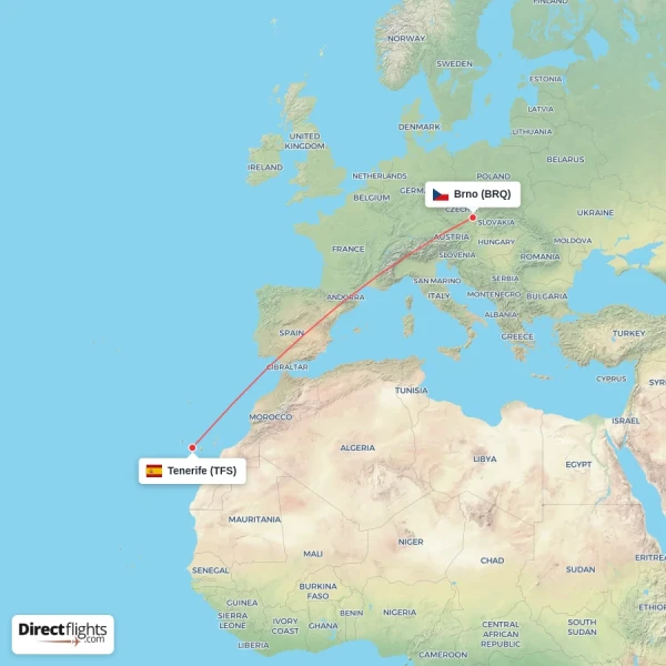 Tenerife - Brno direct flight map