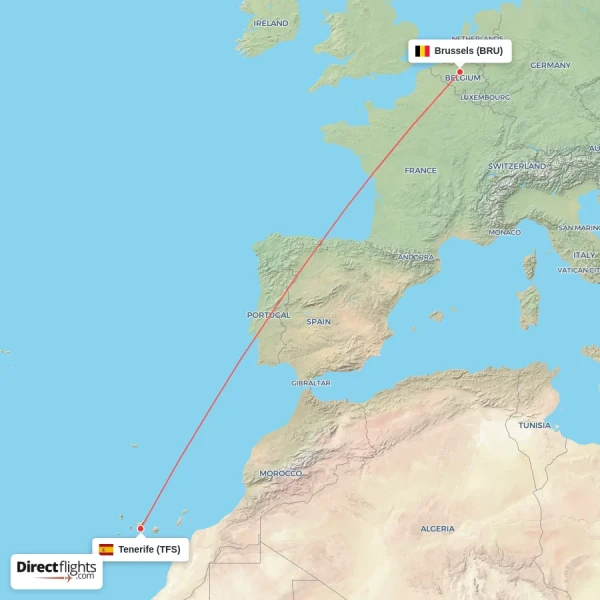 Tenerife - Brussels direct flight map