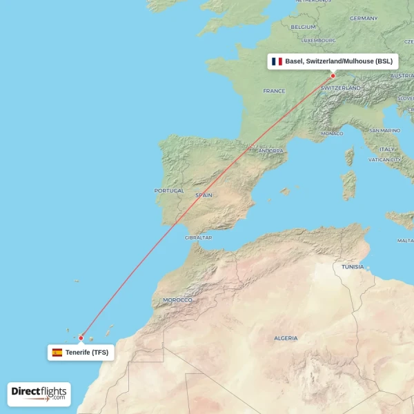 Tenerife - Basel, Switzerland/Mulhouse direct flight map
