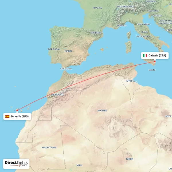 Tenerife - Catania direct flight map