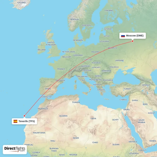 Tenerife - Moscow direct flight map