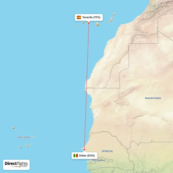 Tenerife - Dakar direct flight map