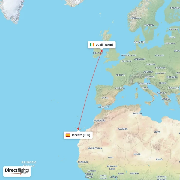 Tenerife - Dublin direct flight map