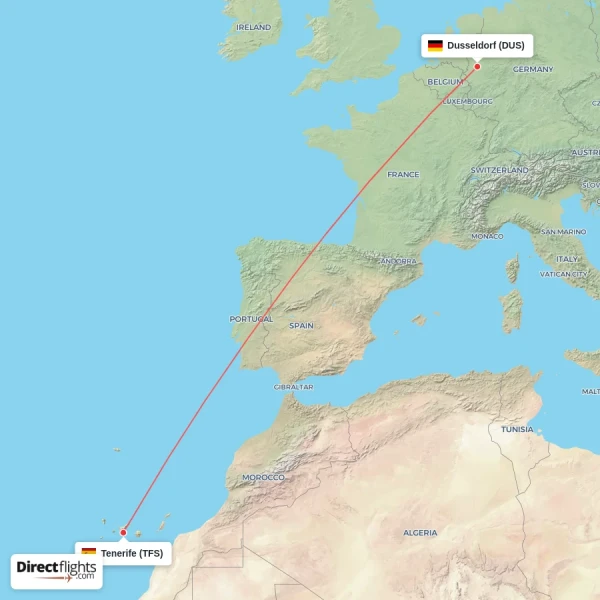Tenerife - Dusseldorf direct flight map