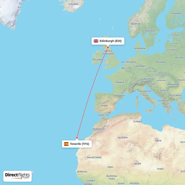 Tenerife - Edinburgh direct flight map