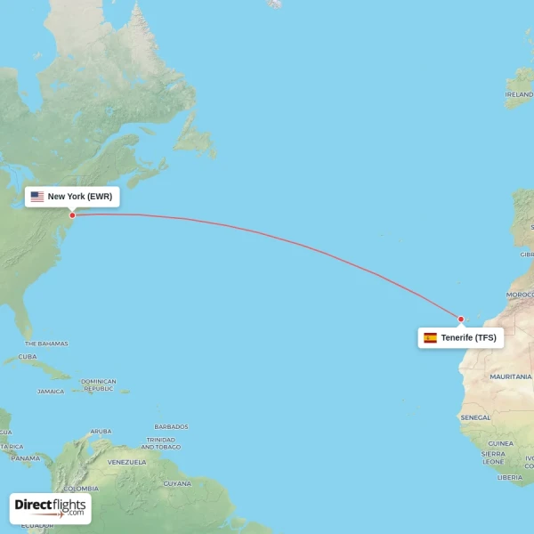 Tenerife - New York direct flight map