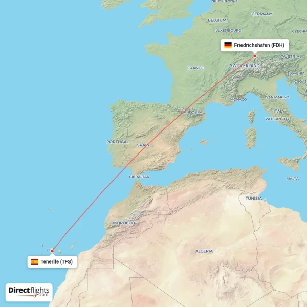 Tenerife - Friedrichshafen direct flight map