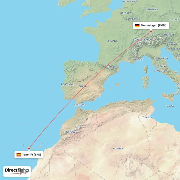 Tenerife - Memmingen direct flight map
