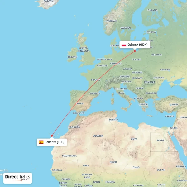 Tenerife - Gdansk direct flight map