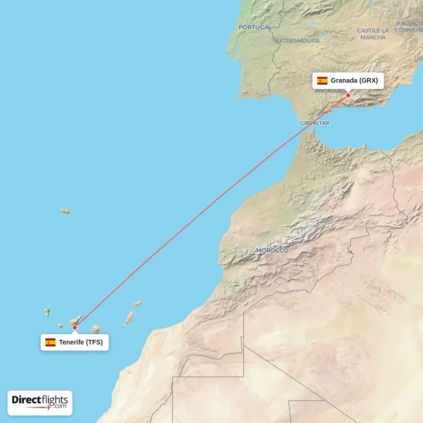 Tenerife - Granada direct flight map
