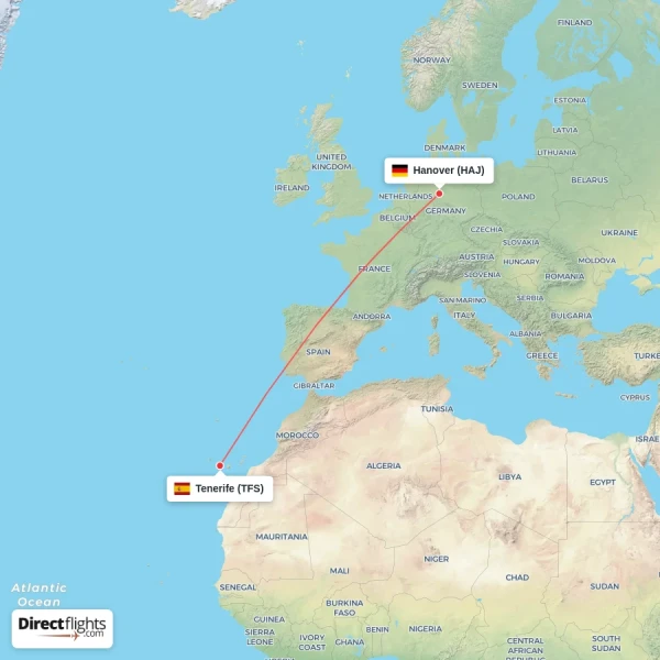Tenerife - Hanover direct flight map