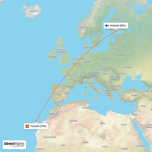 Tenerife - Helsinki direct flight map