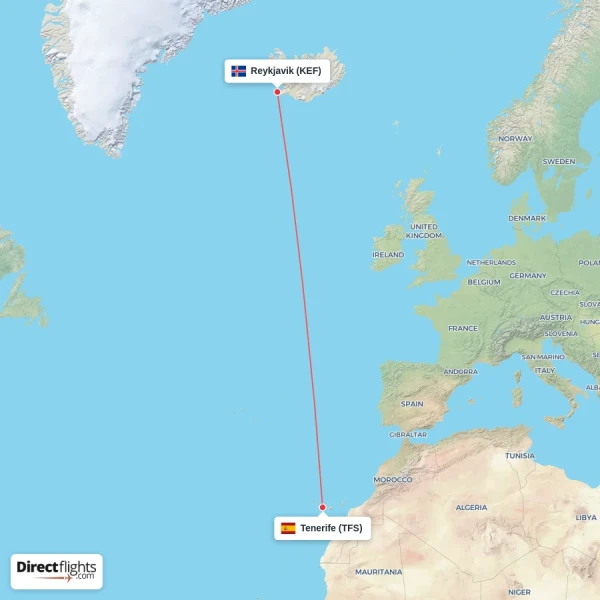 Tenerife - Reykjavik direct flight map