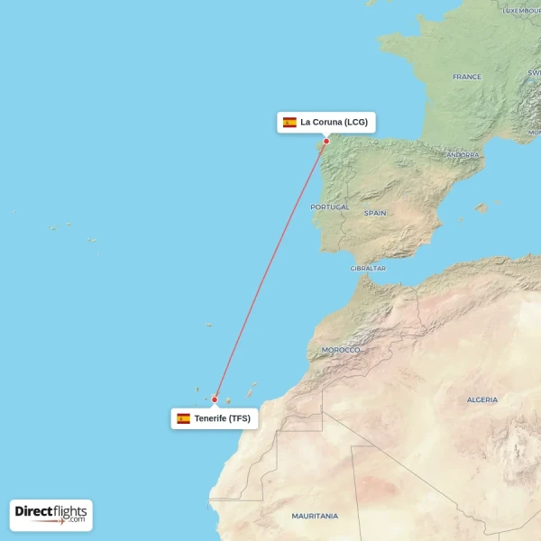 Tenerife - La Coruna direct flight map