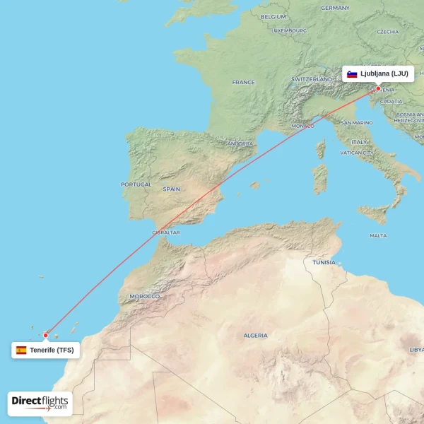 Tenerife - Ljubljana direct flight map