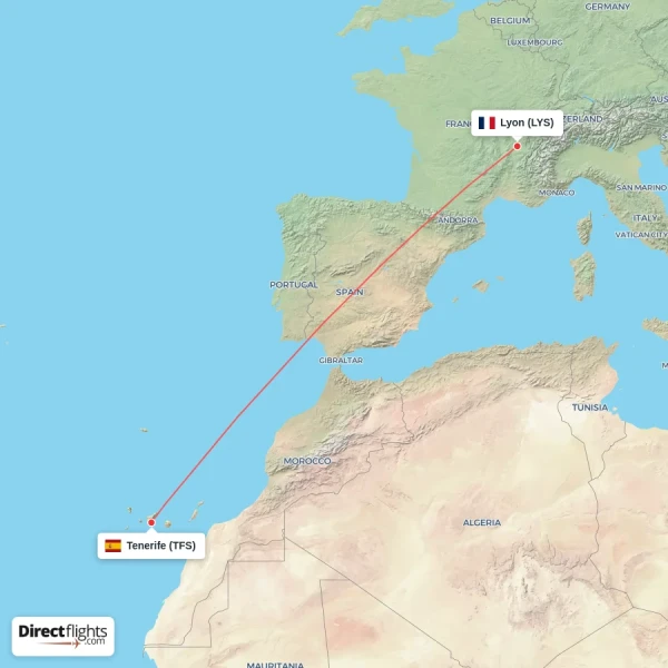 Tenerife - Lyon direct flight map