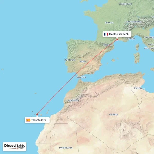Tenerife - Montpellier direct flight map