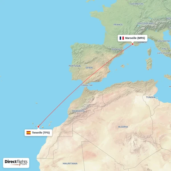 Tenerife - Marseille direct flight map