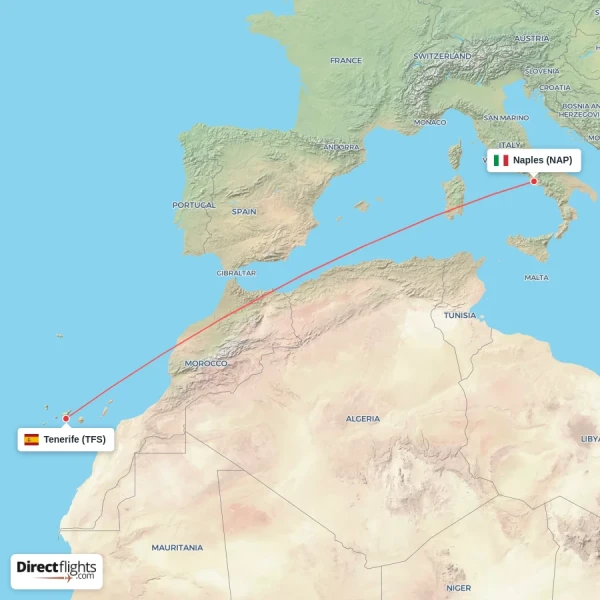 Tenerife - Naples direct flight map