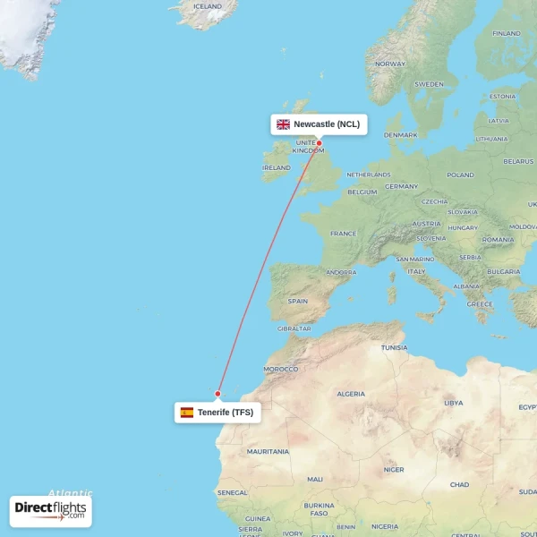 Tenerife - Newcastle direct flight map