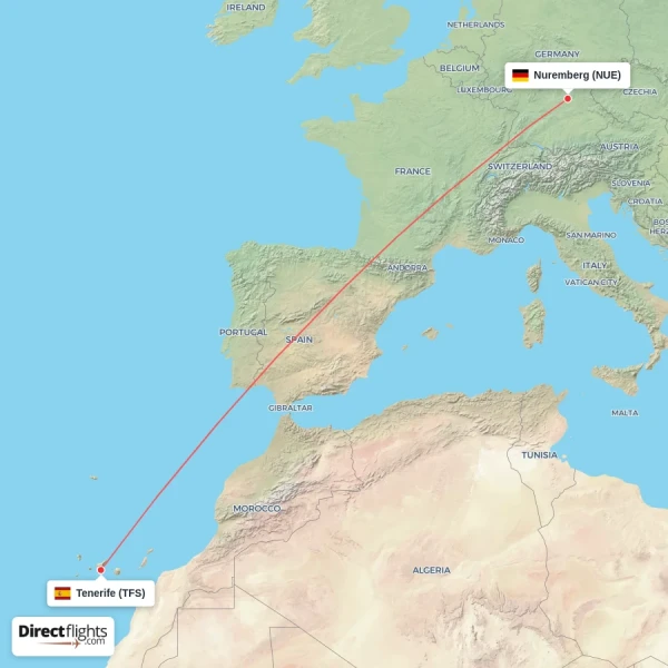 Tenerife - Nuremberg direct flight map