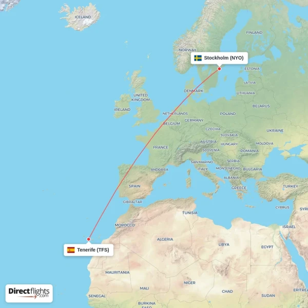 Tenerife - Stockholm direct flight map