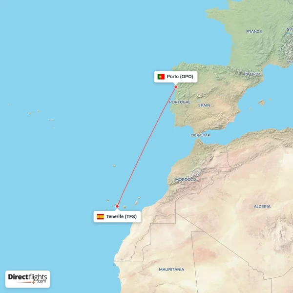 Tenerife - Porto direct flight map