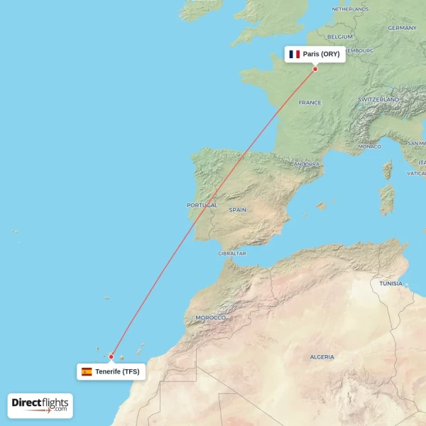 Tenerife - Paris direct flight map
