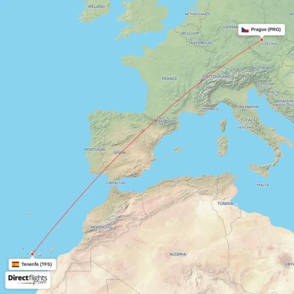 Tenerife - Prague direct flight map