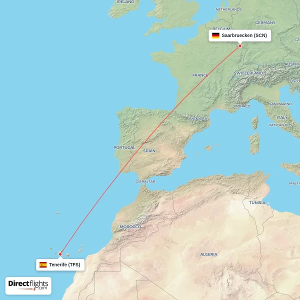 Tenerife - Saarbruecken direct flight map