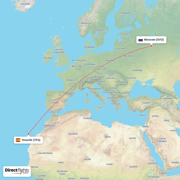 Tenerife - Moscow direct flight map