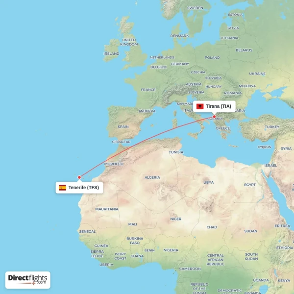 Tenerife - Tirana direct flight map