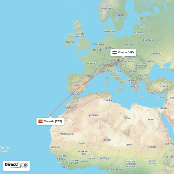 Tenerife - Vienna direct flight map