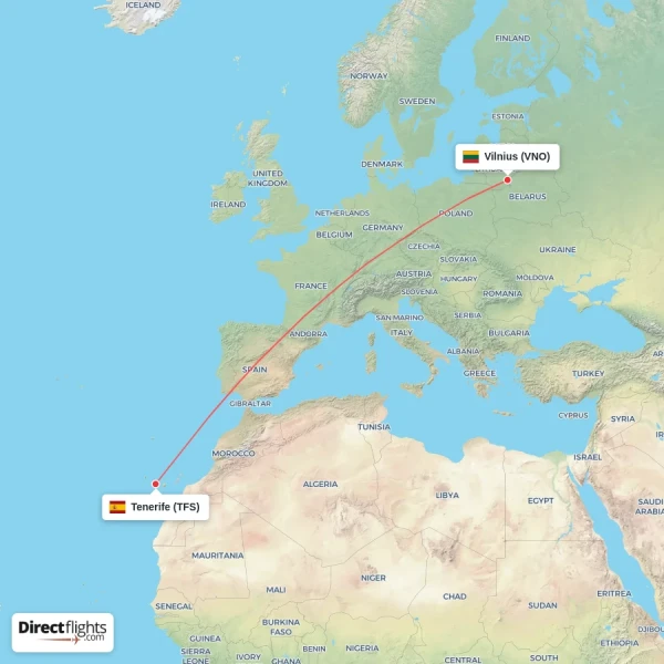 Tenerife - Vilnius direct flight map