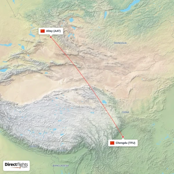 Chengdu - Altay direct flight map