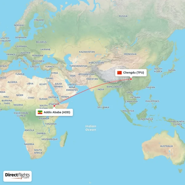 Chengdu - Addis Ababa direct flight map