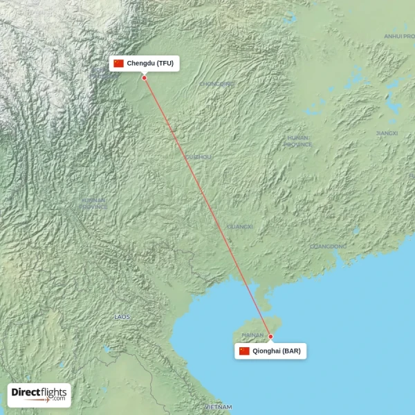 Chengdu - Qionghai direct flight map