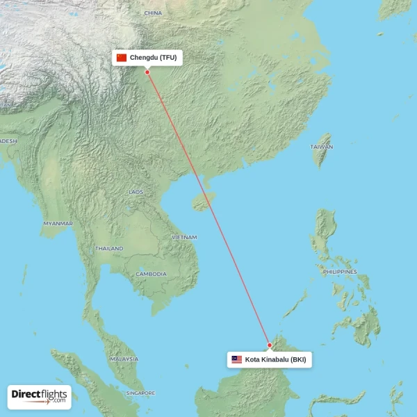 Chengdu - Kota Kinabalu direct flight map