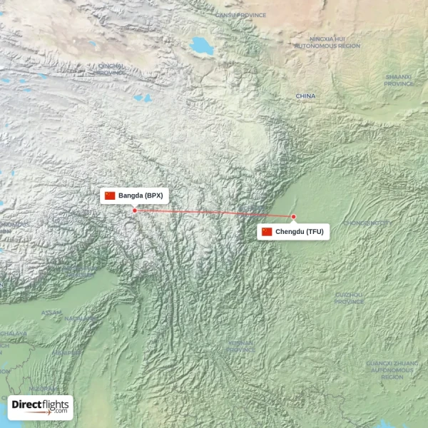 Chengdu - Bangda direct flight map