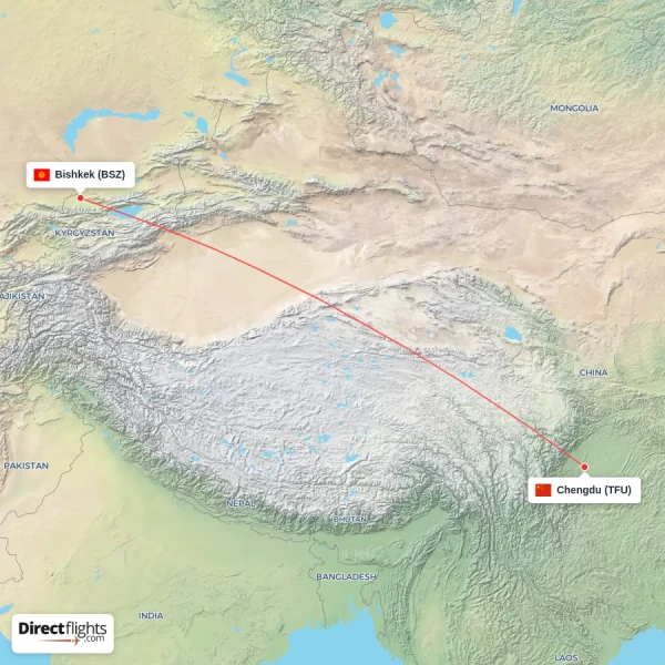 Chengdu - Bishkek direct flight map