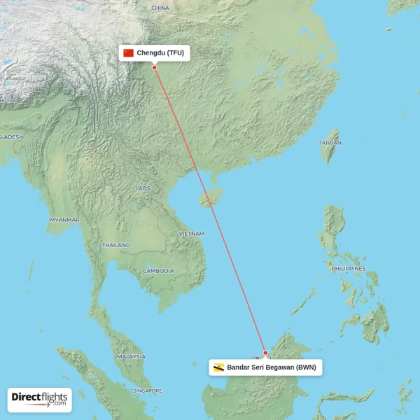 Chengdu - Bandar Seri Begawan direct flight map