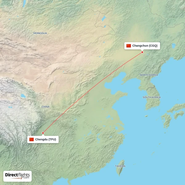 Chengdu - Changchun direct flight map