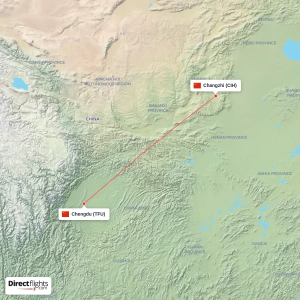 Chengdu - Changzhi direct flight map