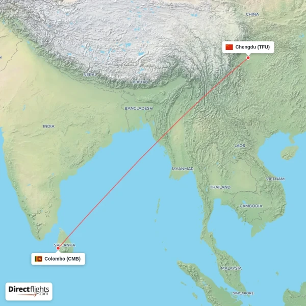 Chengdu - Colombo direct flight map