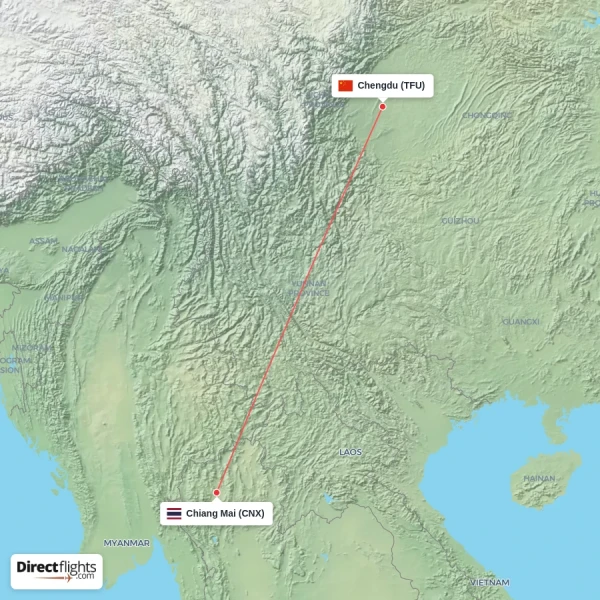 Chengdu - Chiang Mai direct flight map